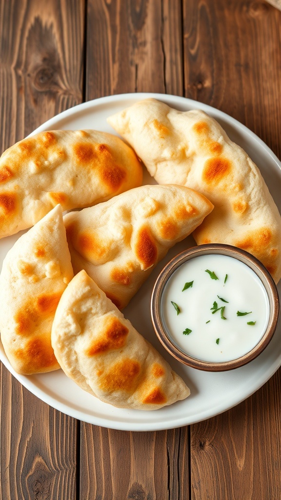 Warm pita bread wedges with garlic yogurt sauce on a rustic table.